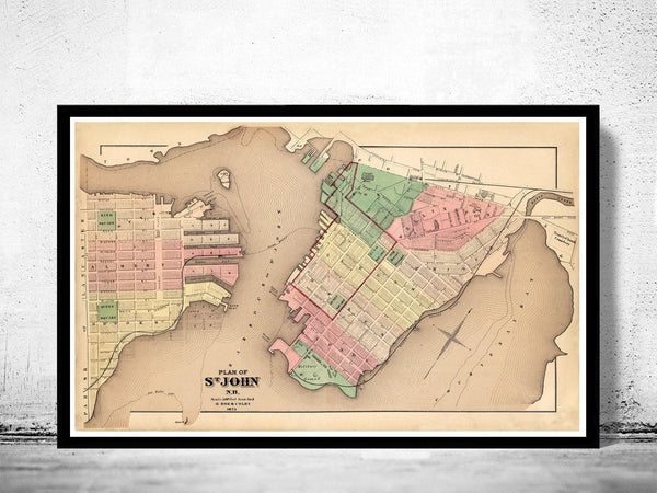 Old Map of Saint John Canada 1875 Vintage Map | Vintage Map Wall Art Print