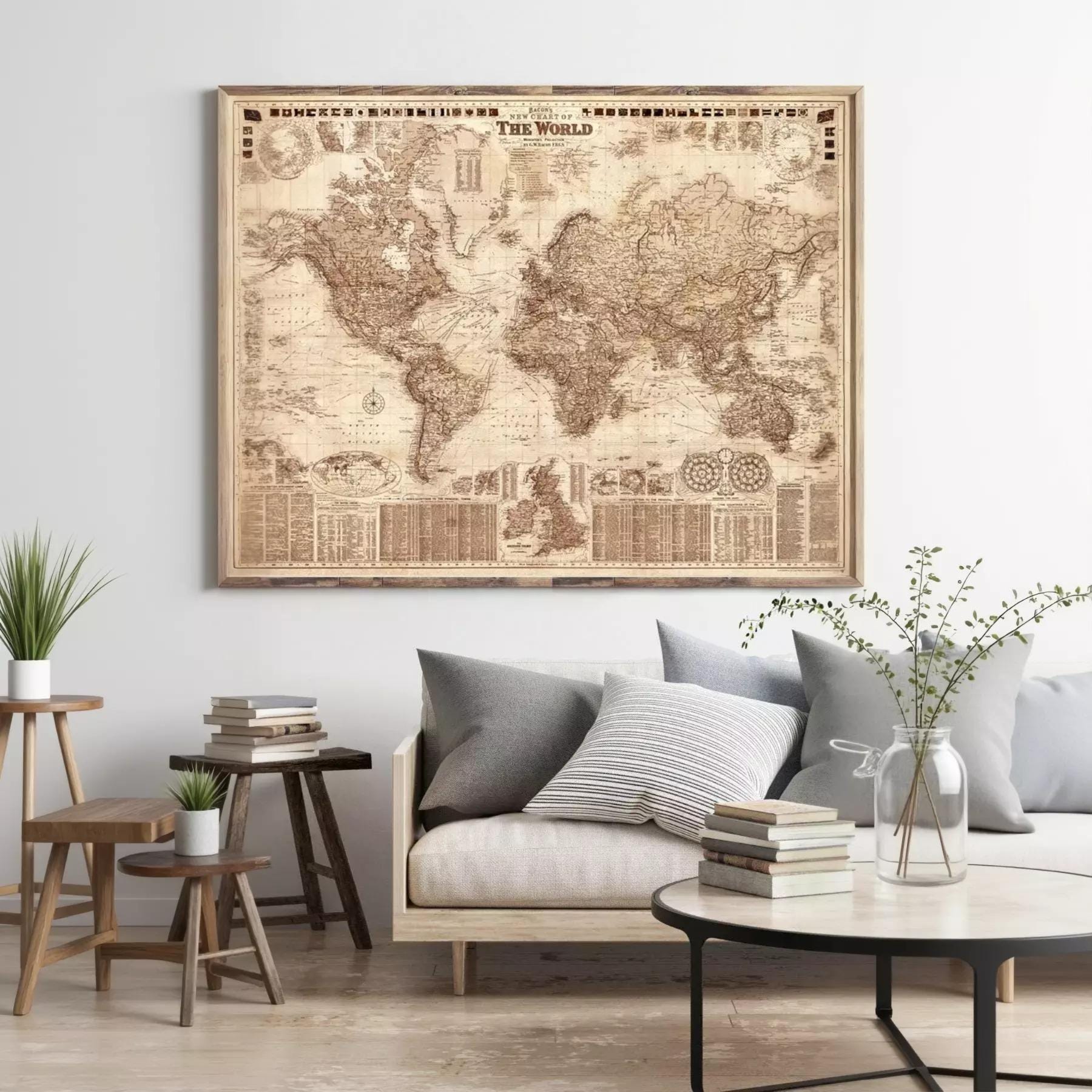 a large world map hanging on a wall in a living room, with a couch, coffee table, and some decorative elements in the foreground.