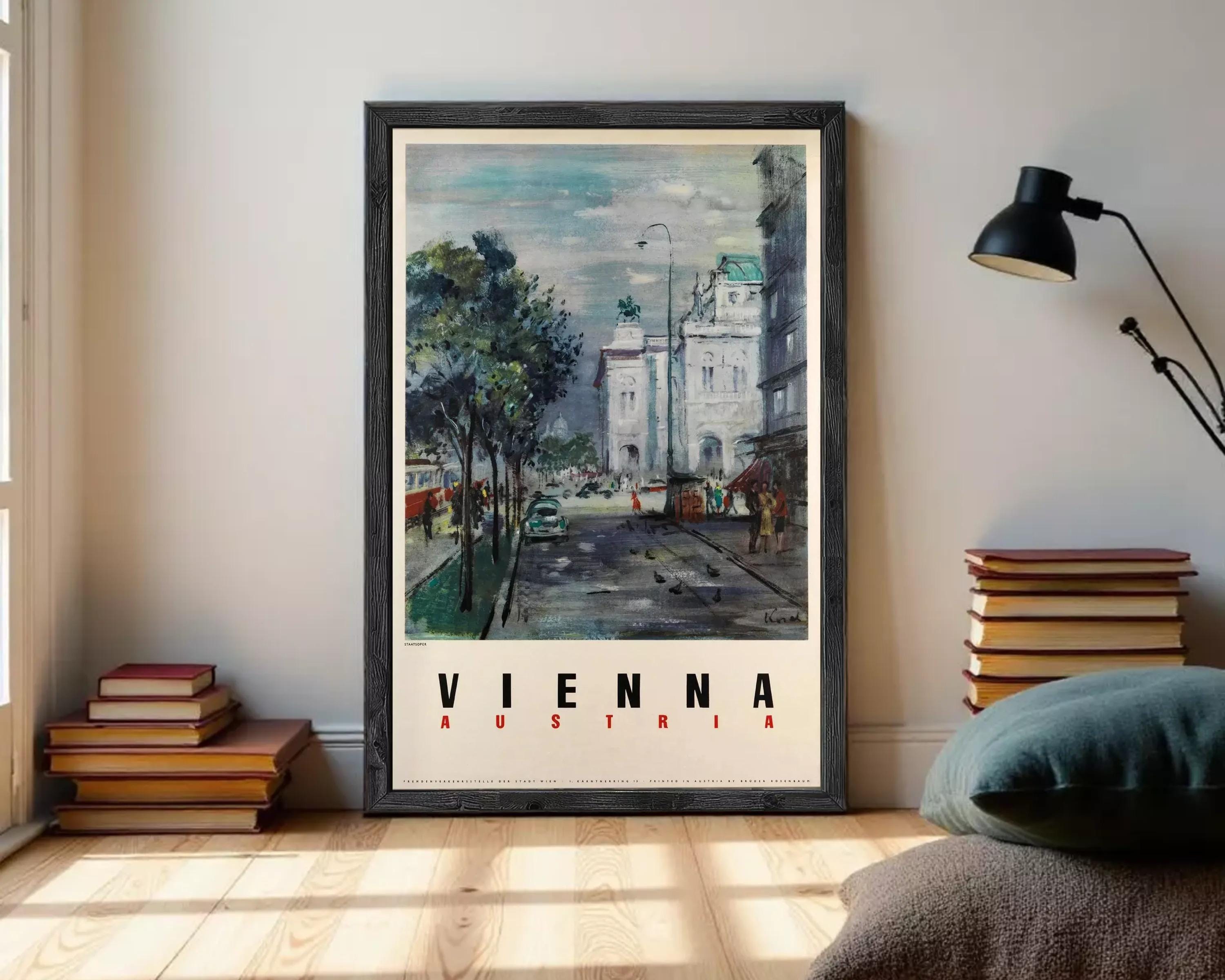The image is a framed poster depicting a street scene in Vienna, Austria.