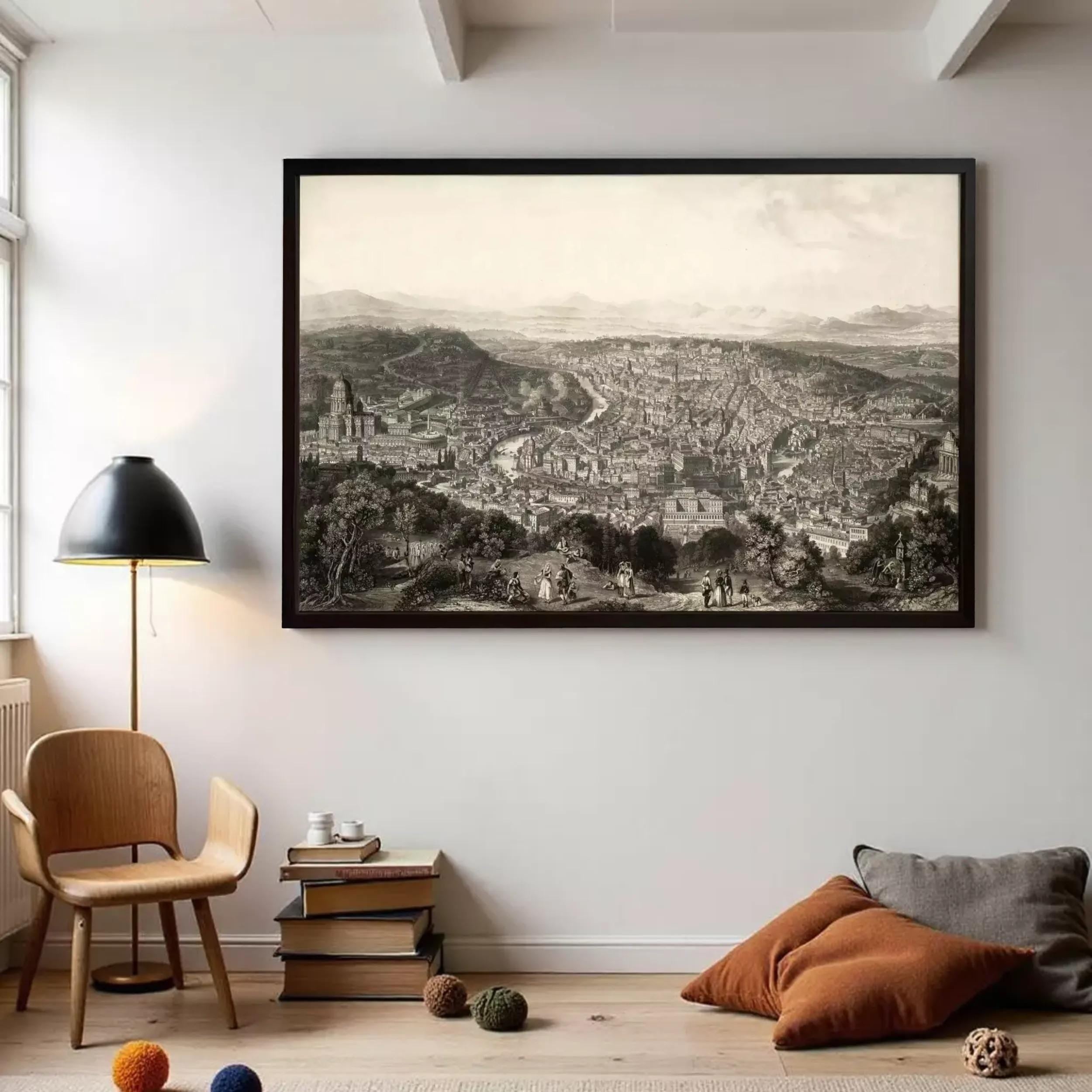 a large black and white painting of a cityscape hanging on a wall in a living room.
