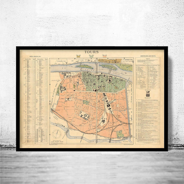 Old Map of Tours France 1890 Vintage Map | Vintage Map Wall Art Print