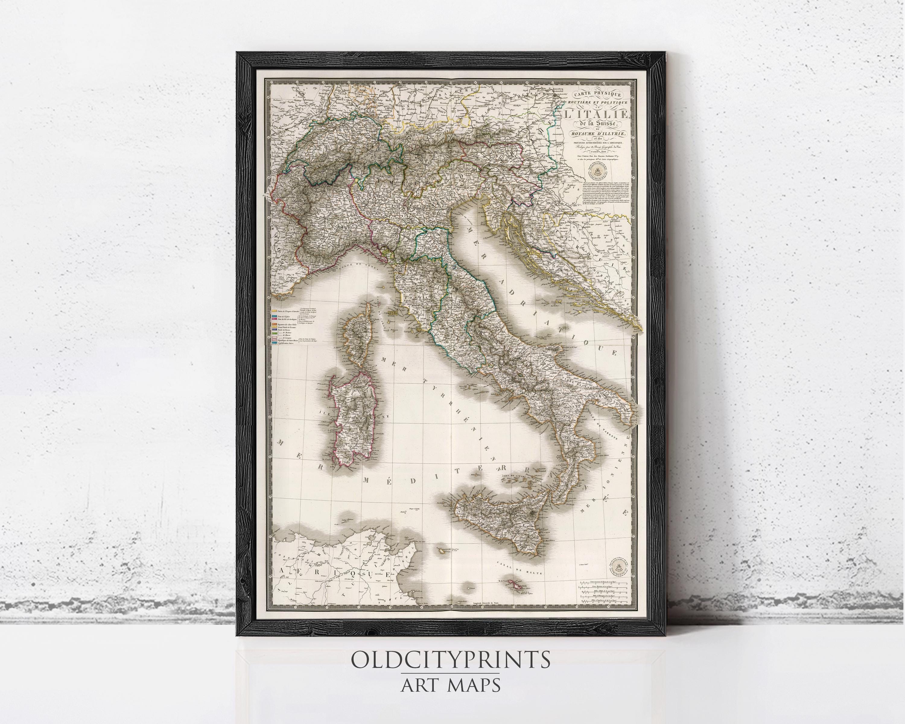 The image is a framed vintage map of Italy, depicting the country's geographical layout and surrounding areas.