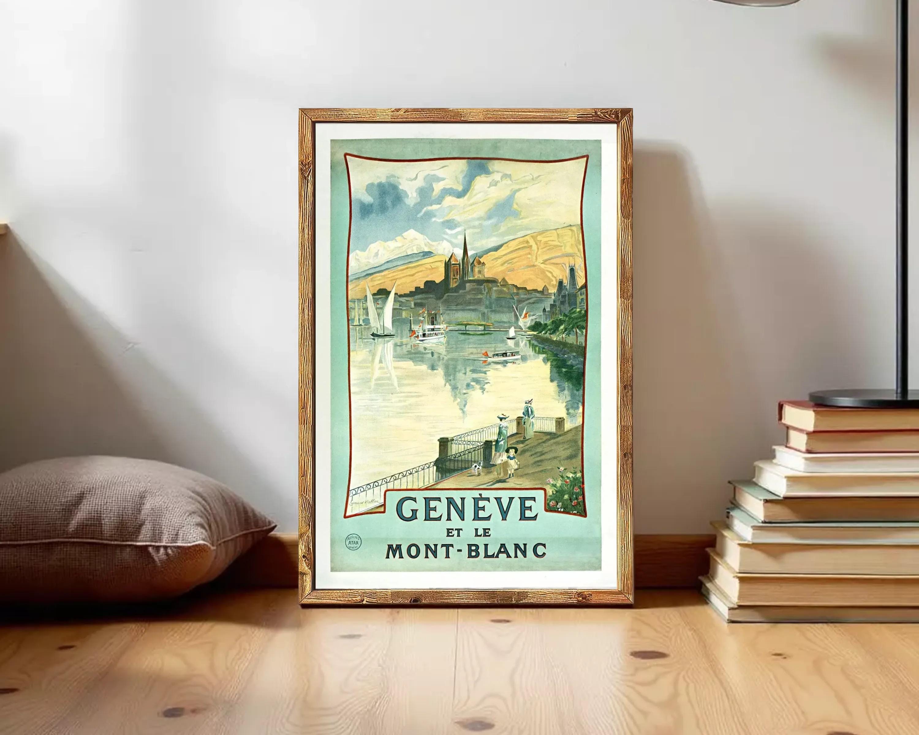 The image is a framed vintage poster depicting a scenic view of Geneva, Switzerland, with boats on the water and a castle in the background.