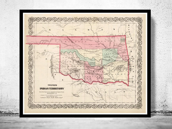 Old Map Oklahoma Indian Territory 1869 United States of America  | Vintage Map Wall Art Print