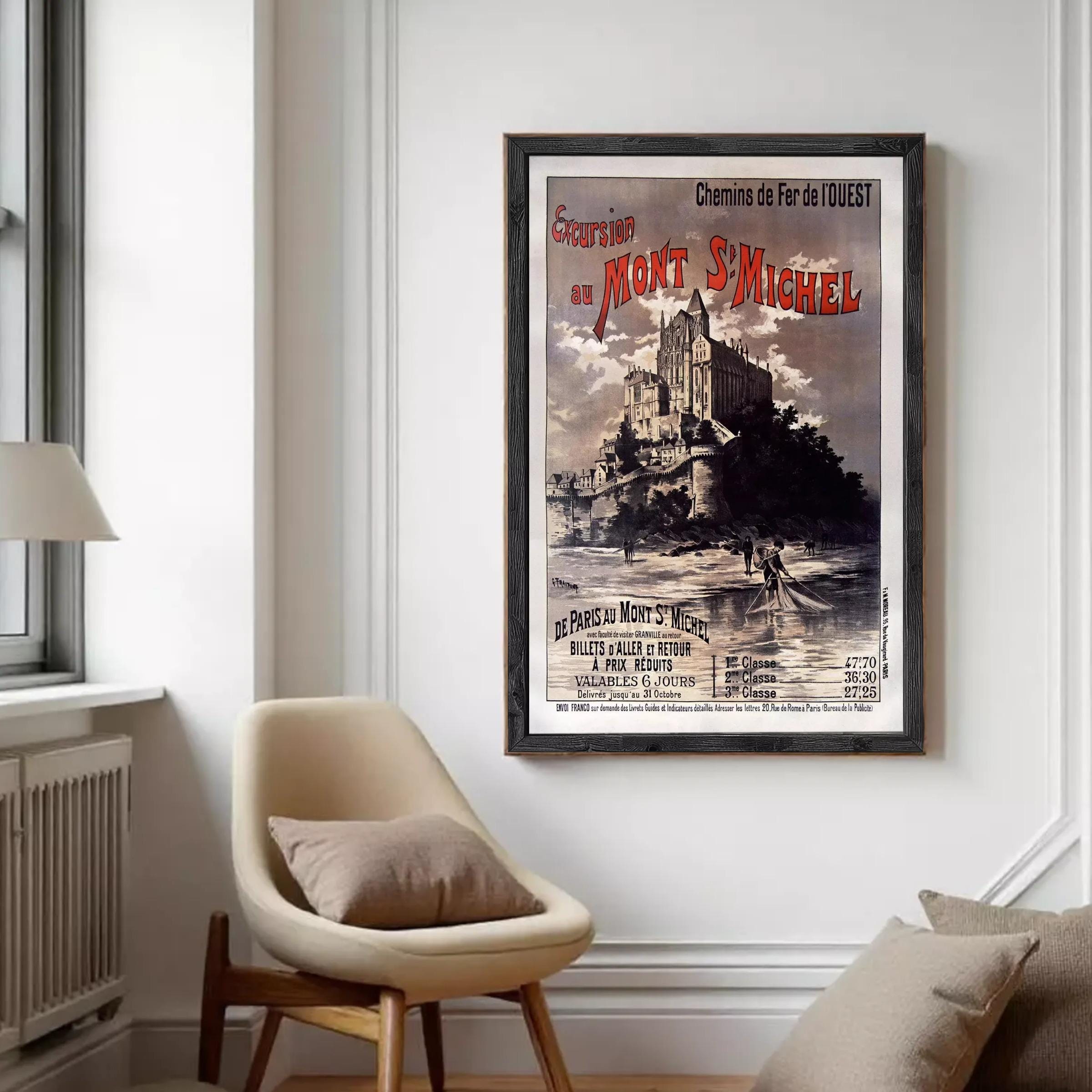 The image is a framed vintage poster advertising a cruise to Mont St Michel, featuring a castle and a boat on the water.