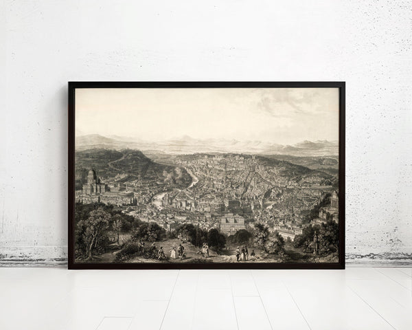 Old Panoramic View of Rome City Engraving Italy 1860 Vatican | Vintage Map Wall Art Print