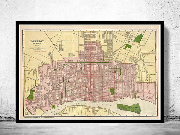 Old map of Detroit 1911 Vintage Map | Vintage Map Wall Art Print