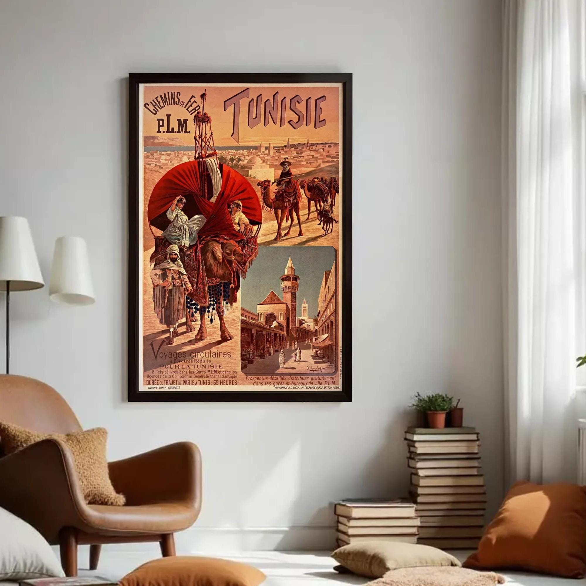 The image is a vintage poster advertising a film called "Cheming of the Flemish and Tunisie" by P.L.M. featuring a desert scene with people and camels.