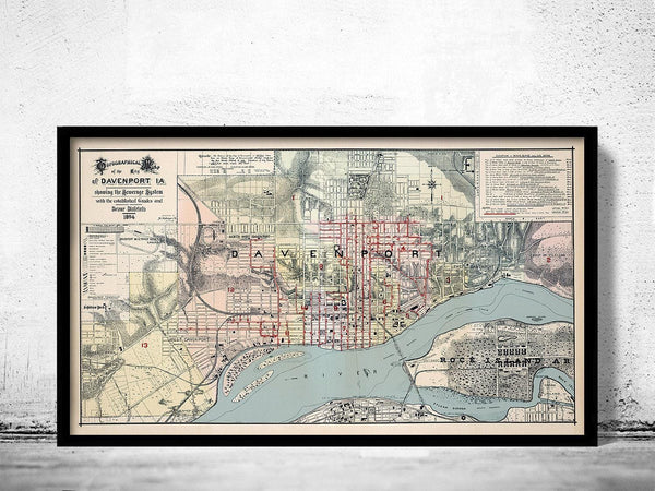 Old map of Davenport Iowa 1894  | Vintage Map Wall Art Print