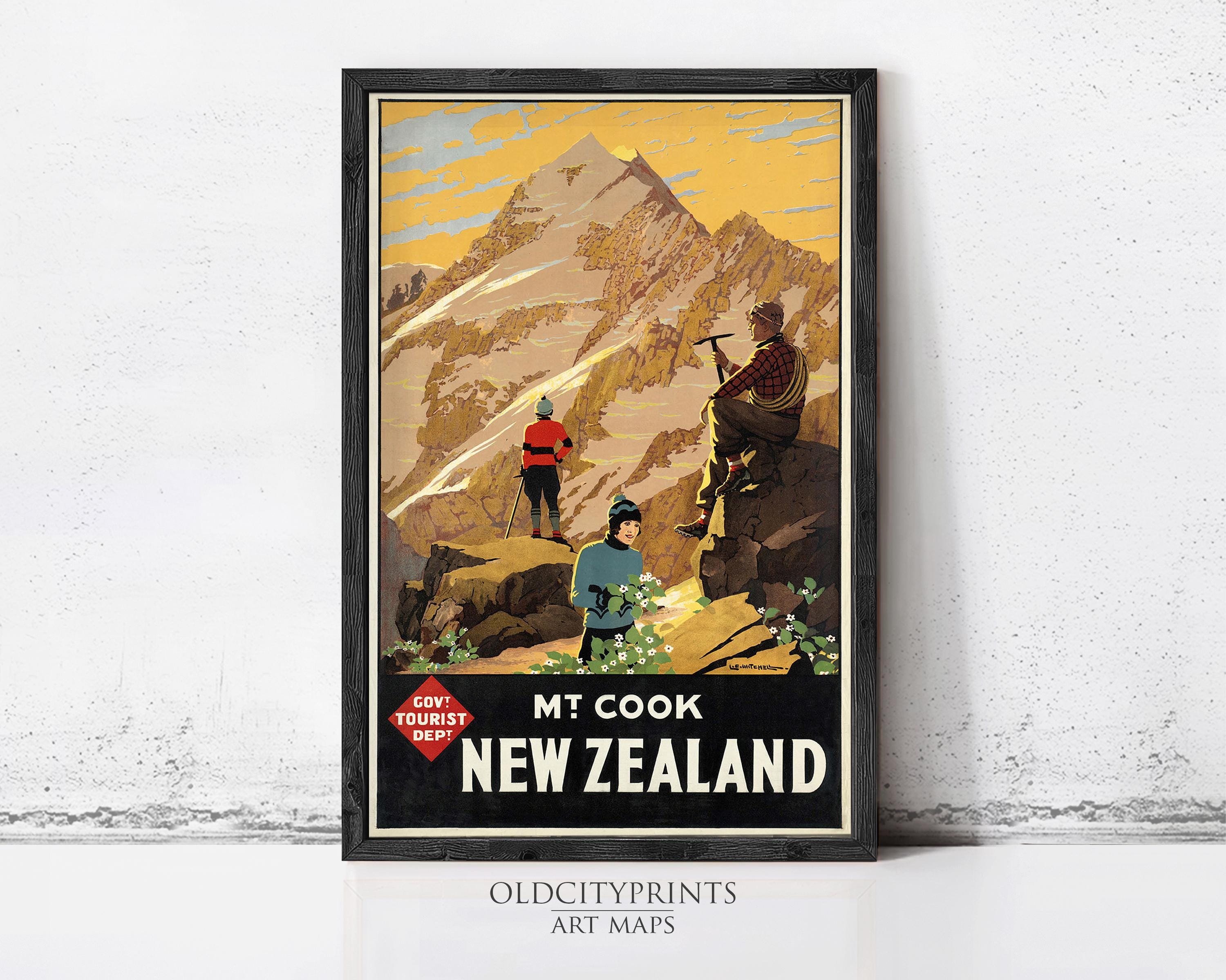 The image is a framed vintage travel poster advertising a trip to New Zealand.
