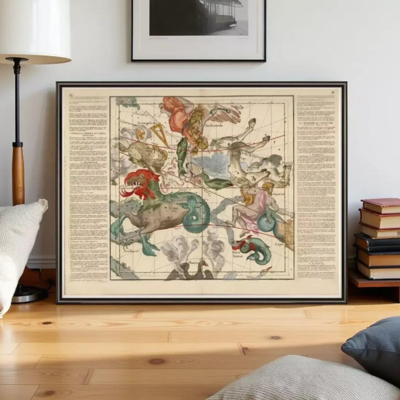 The image is a framed vintage map depicting a constellation with various celestial objects and figures, including a dragon, a mermaid, and other fantastical creatures.