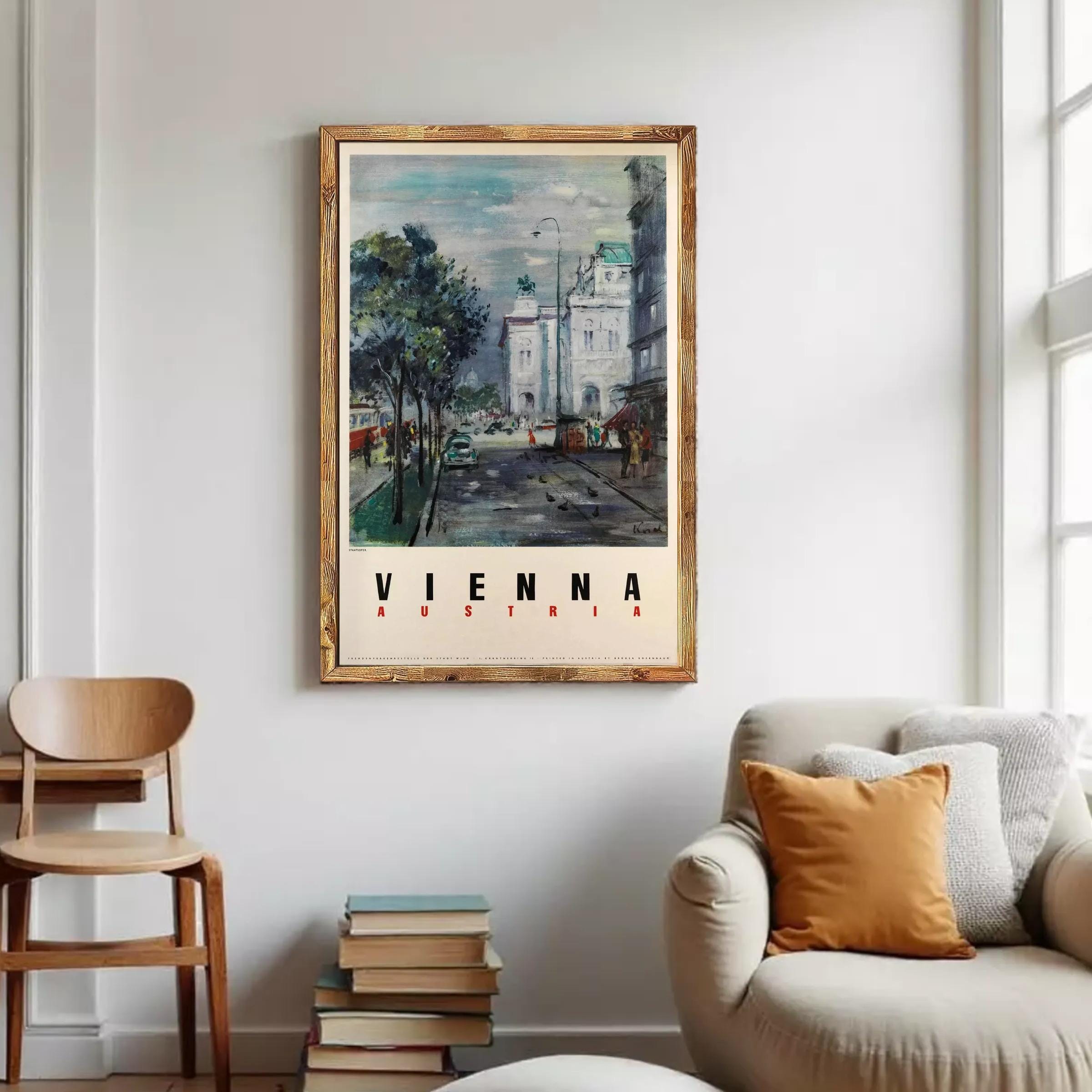 The image is a framed painting depicting a street scene in Vienna, Austria.