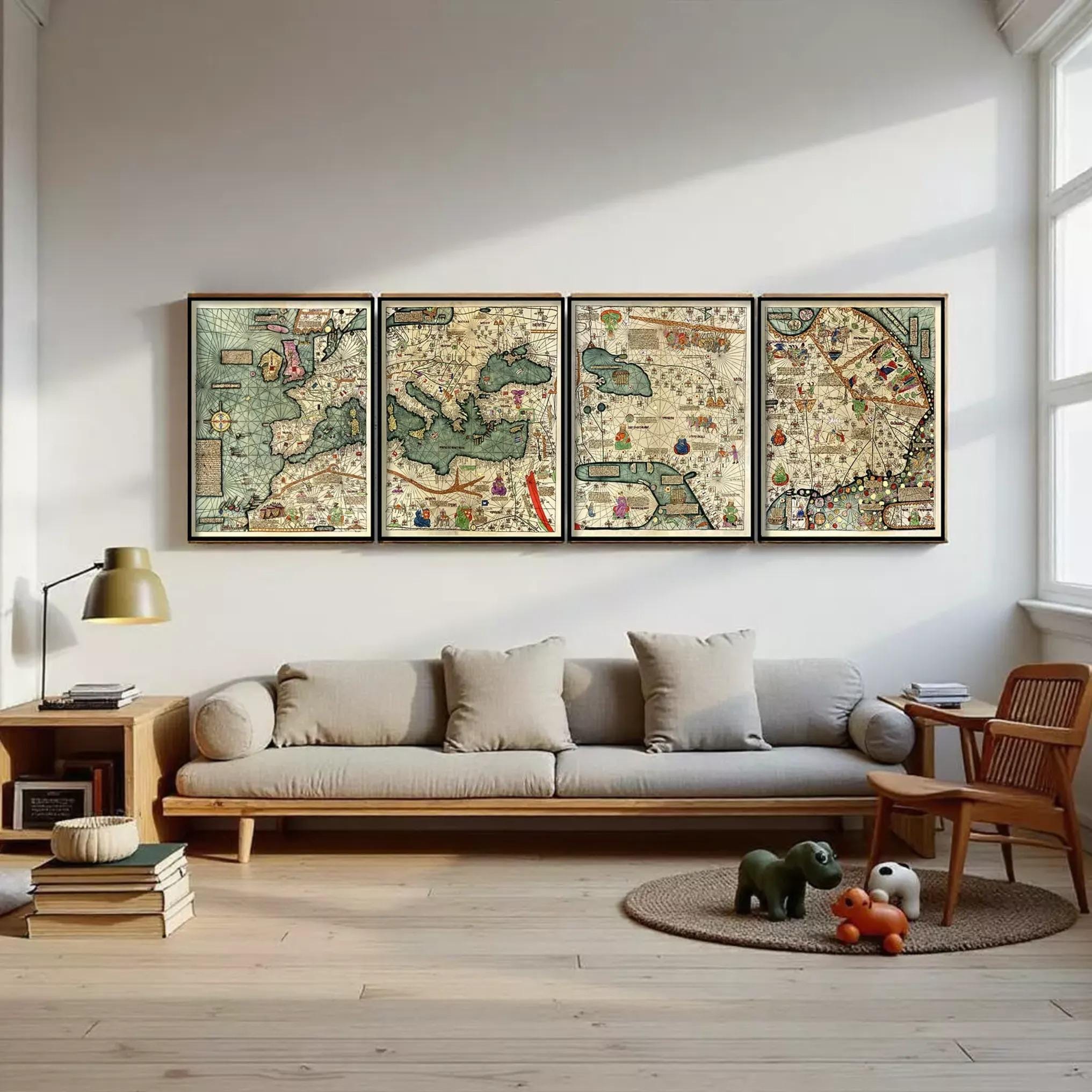 The image is a collage of four old maps, each depicting different regions and geographical features.