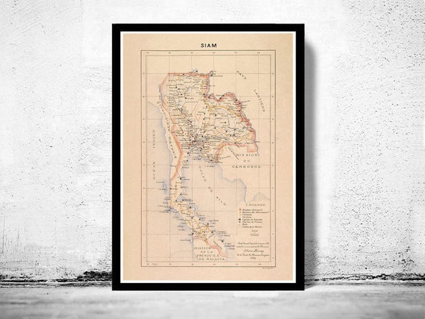 Old Map of Thailand Old Siam 1889 Vintage Map | Vintage Map Wall Art Print