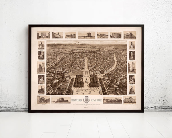 Old Map of Montpellier France 1800 Panoramic View Vintage Map | Vintage Map Wall Art Print