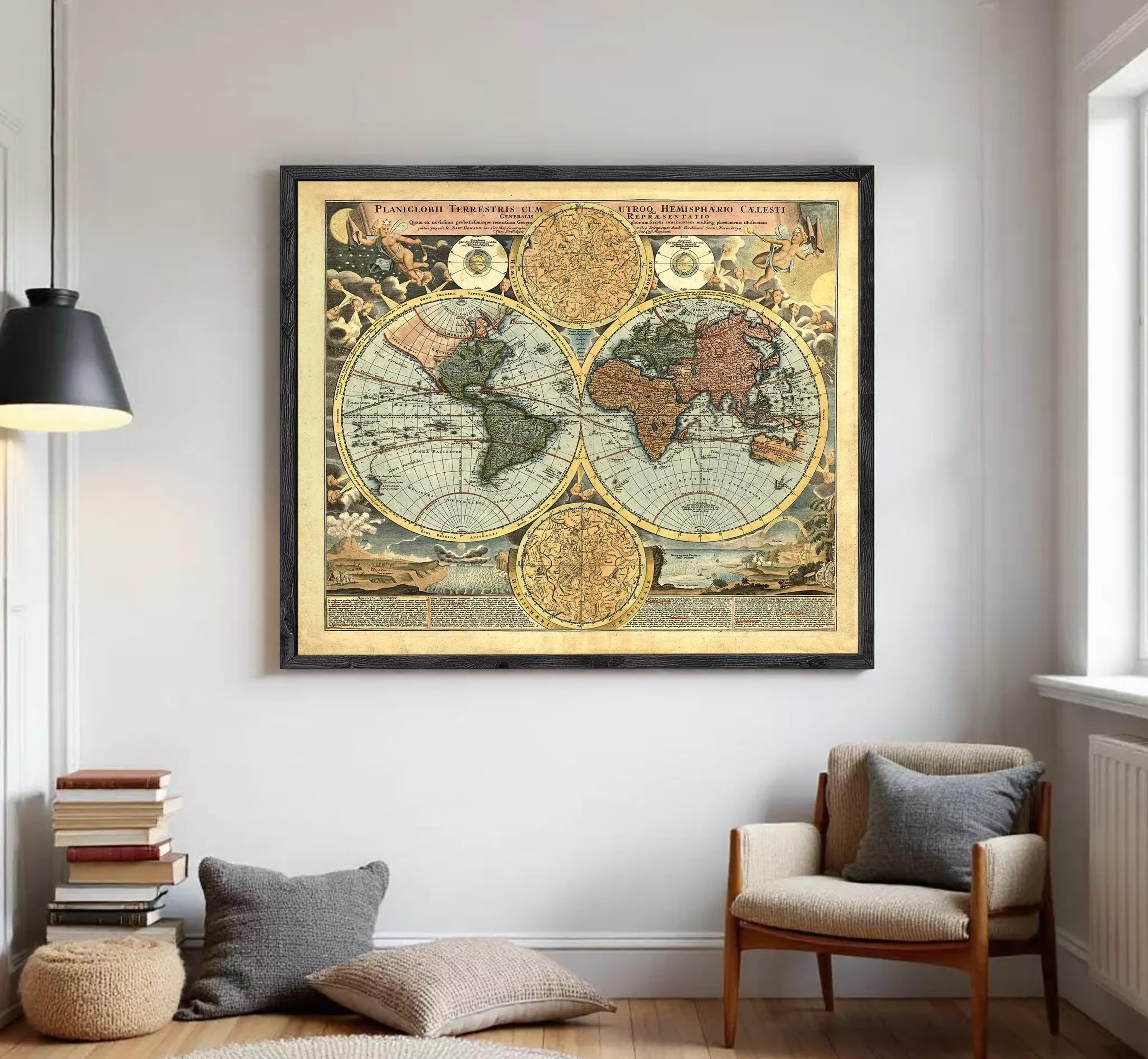 The image is a framed vintage map of the world, featuring intricate details and designs.