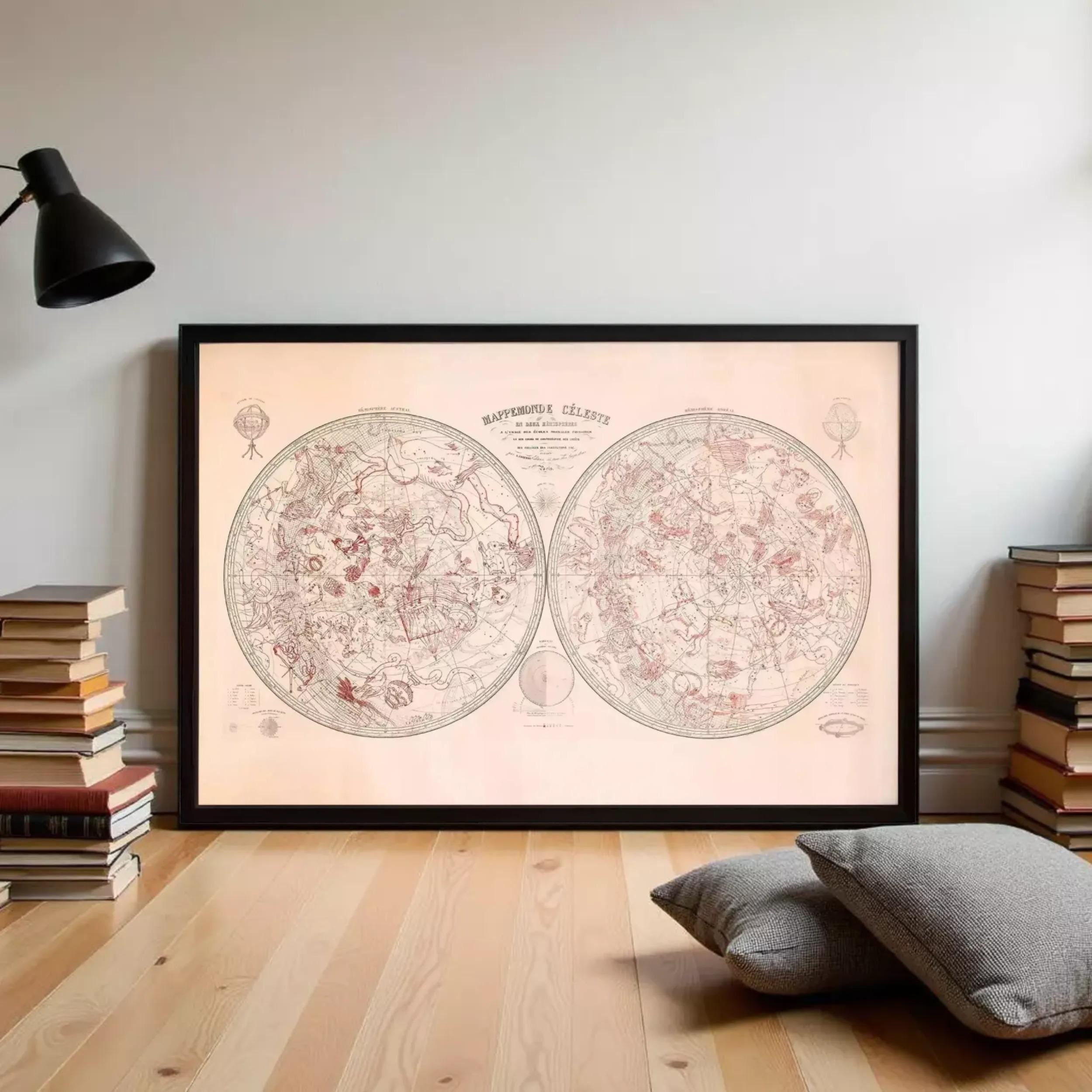 The image is a framed vintage map of the night sky, depicting the constellations and celestial bodies.