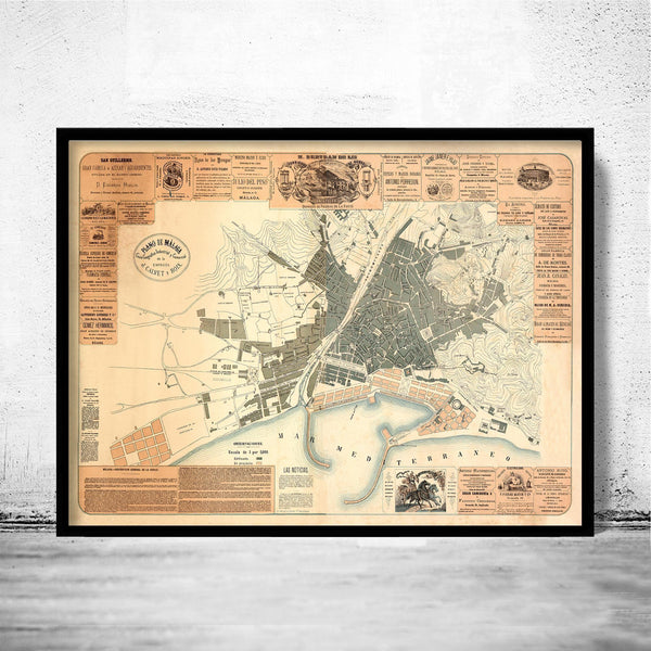 Old Map of Malaga Spain 1883 Vintage map | Vintage Map Wall Art Print