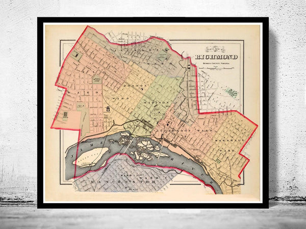Old Map of Richmond Virginia 1884 Vintage Map | Vintage Map Wall Art Print