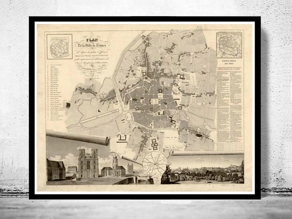 Old Map of Rennes France 1830 Vintage Map | Vintage Map Wall Art Print
