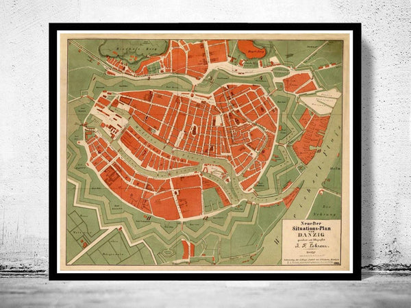 Old Map of Gdansk Danzig Poland 1883  | Vintage Map Wall Art Print