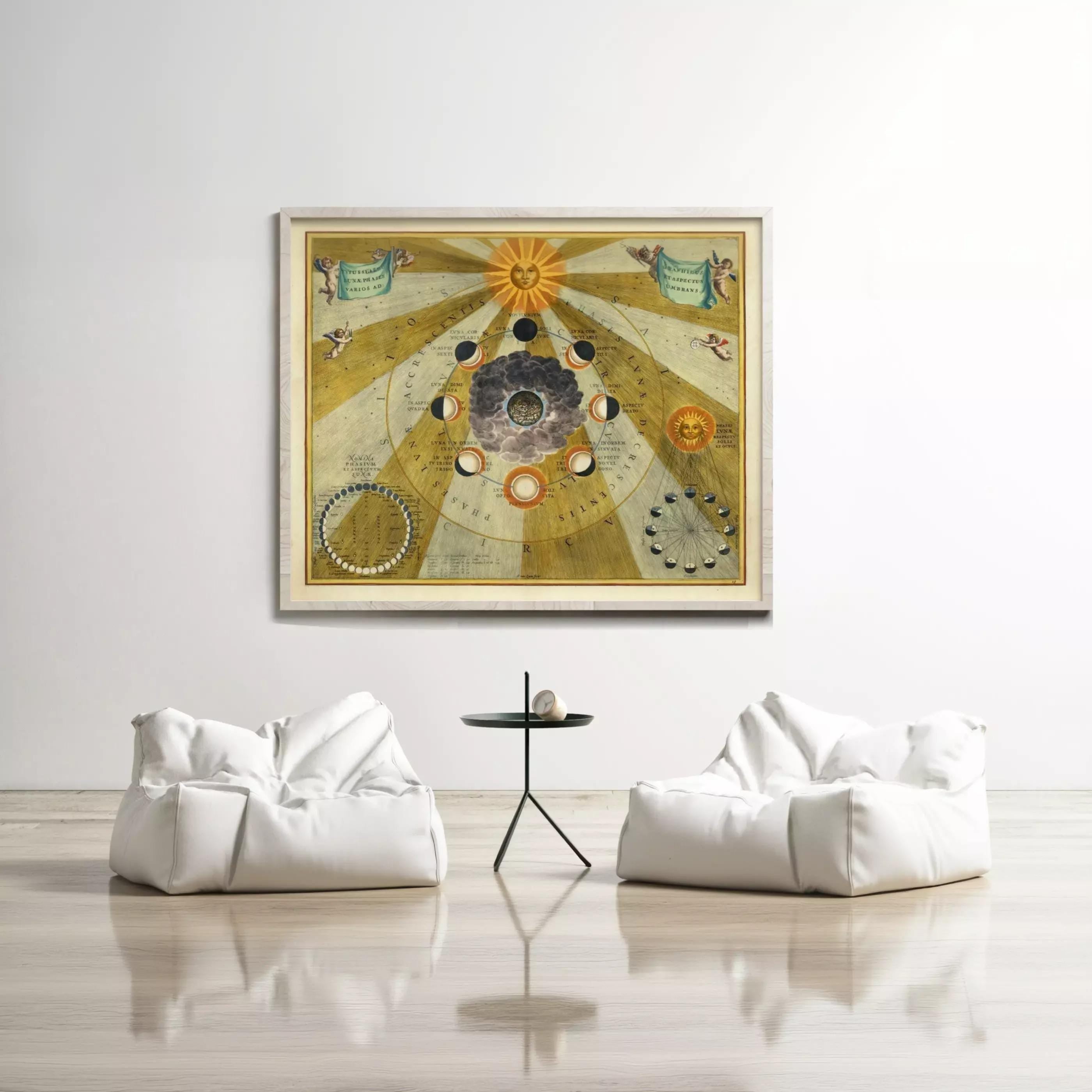 a large, colorful painting of the solar system hanging on a white wall above a pair of white bean bag chairs and a small black table.