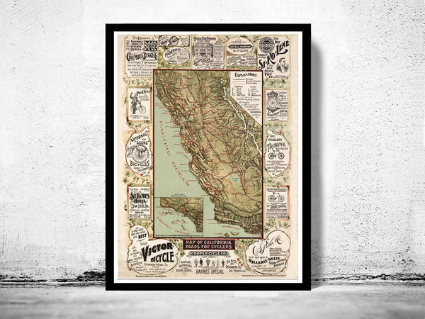 Vintage Map of California roads for cyclers 1875  | Vintage Map Wall Art Print