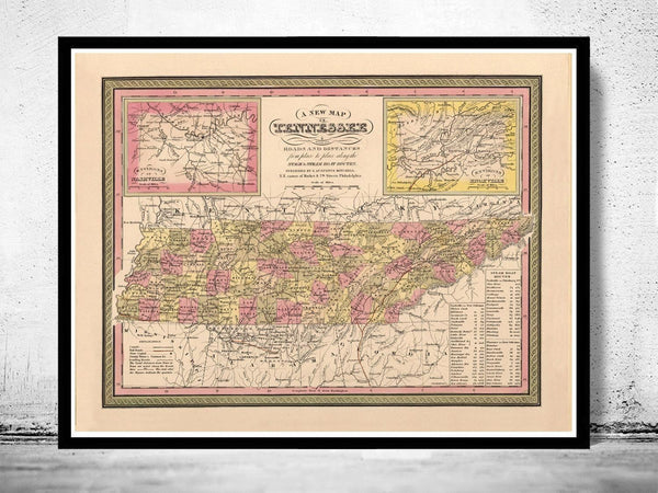 Old map of Tennesee 1849 United States Vintage Map | Vintage Map Wall Art Print