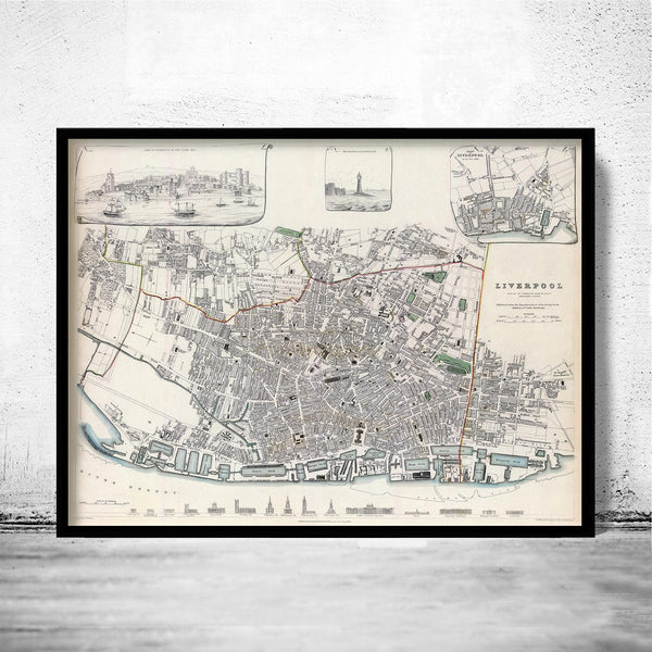 Old Map of Liverpool with gravures England 1836 Vintage Map | Vintage Map Wall Art Print