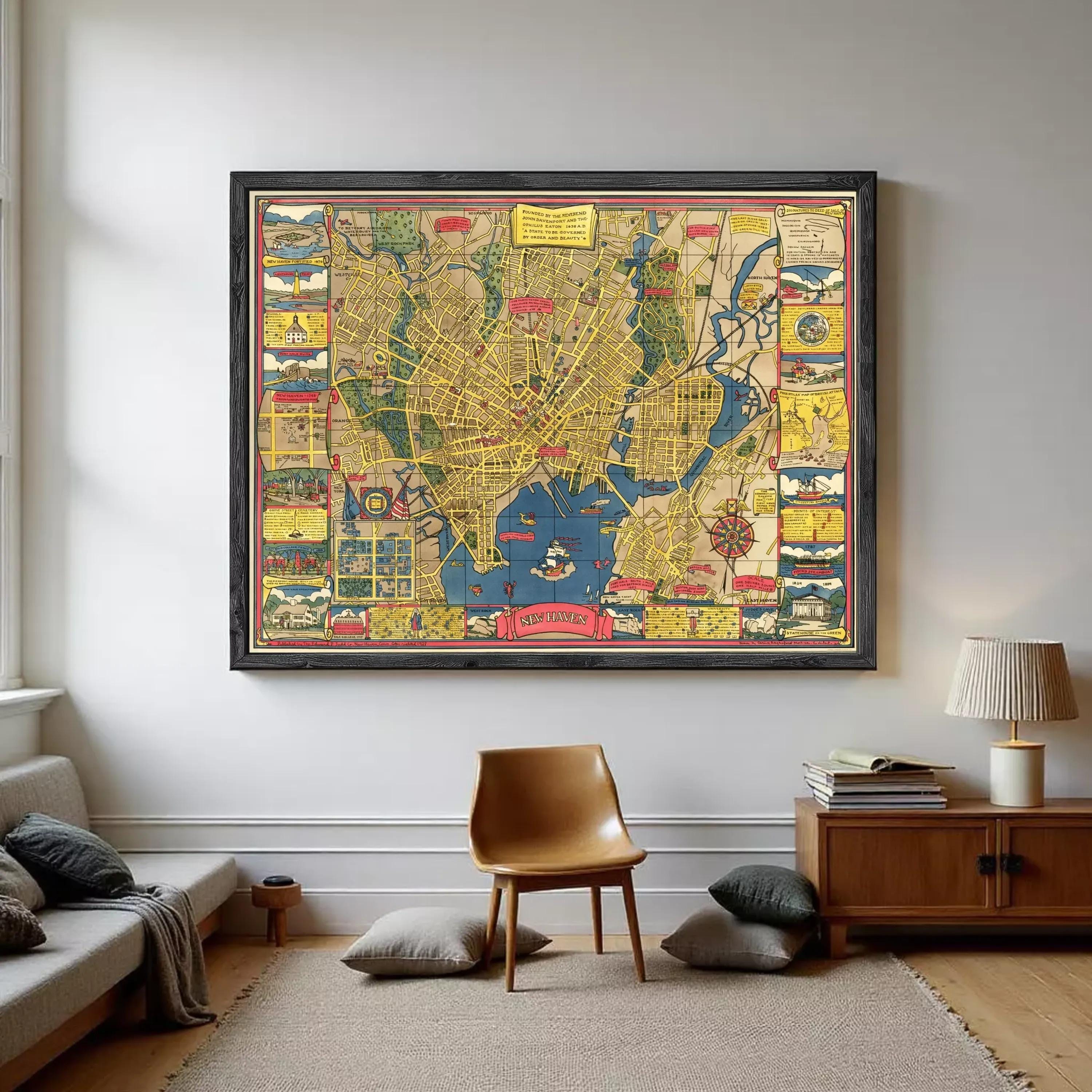 a large framed map of a city hanging on a wall in a living room.