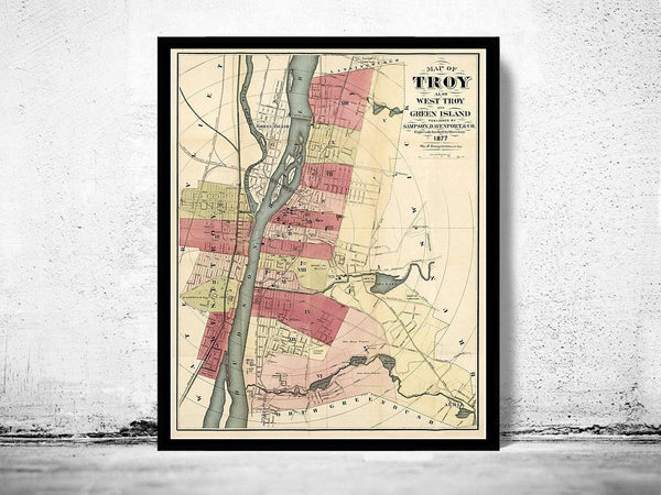 Old Map of Troy New York 1877 Vintage Map | Vintage Map Wall Art Print