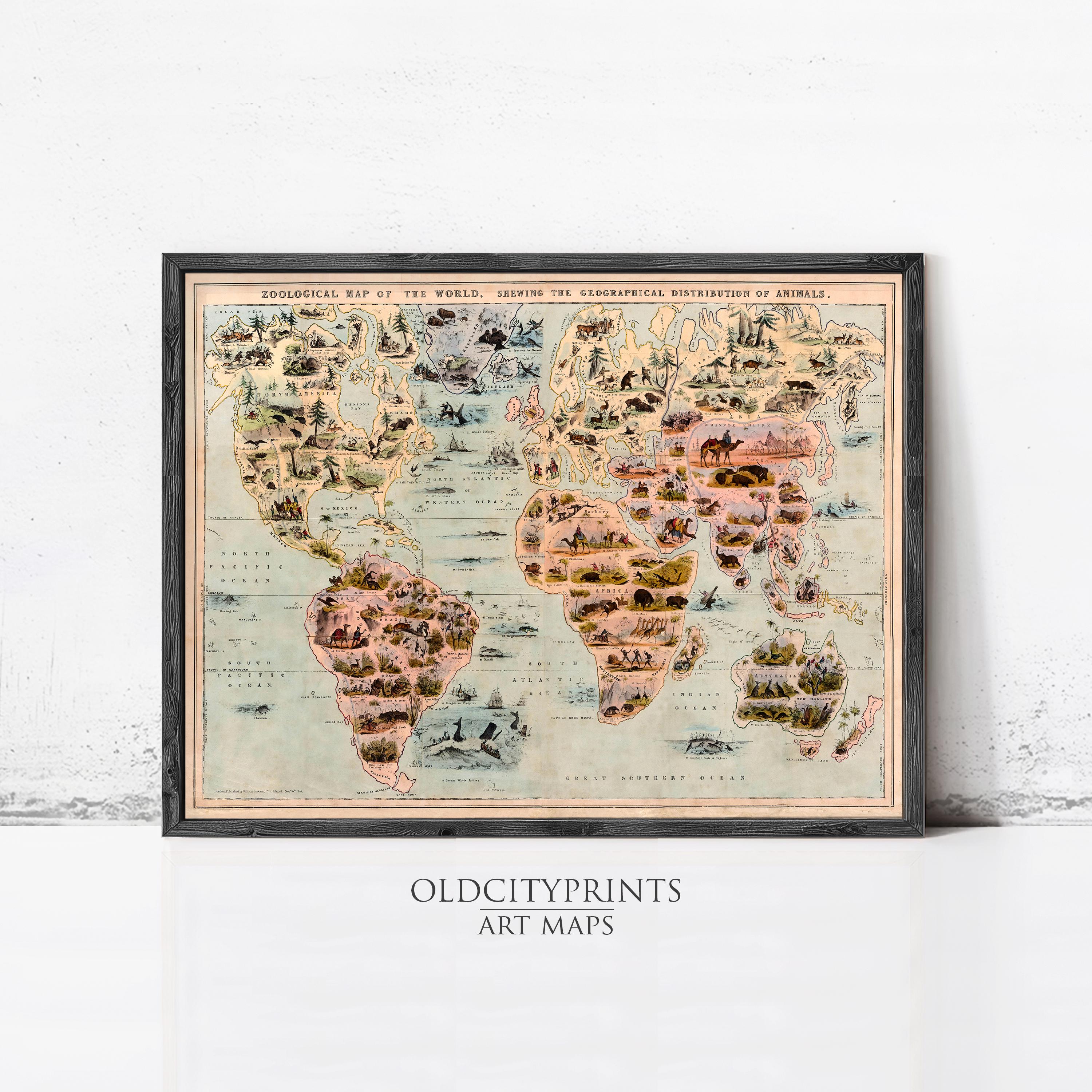 The image is a framed vintage map of the world, depicting various regions and countries with detailed illustrations and labels.