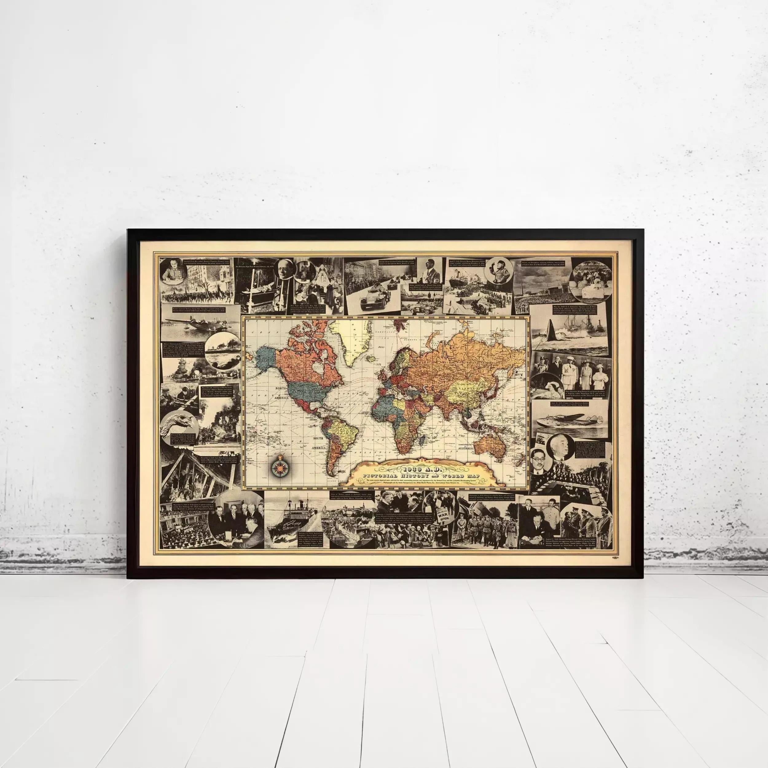 The image is a framed collage depicting various scenes and landmarks from around the world, including people, ships, and other notable locations.
