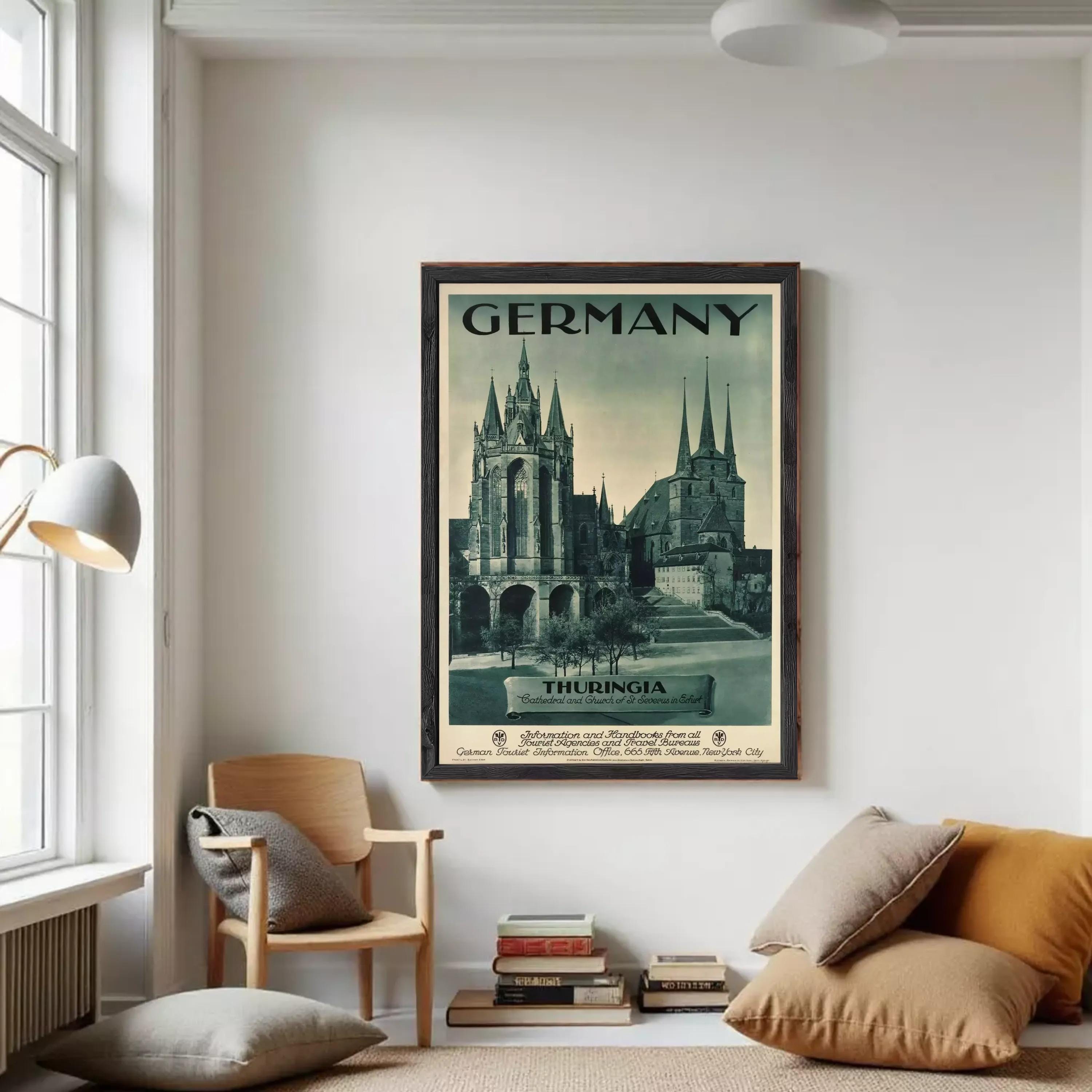 The image is a framed vintage travel poster advertising Germany, featuring the spires of the Thuringian Cathedral and the Church of St. Stephen in Thuringia.