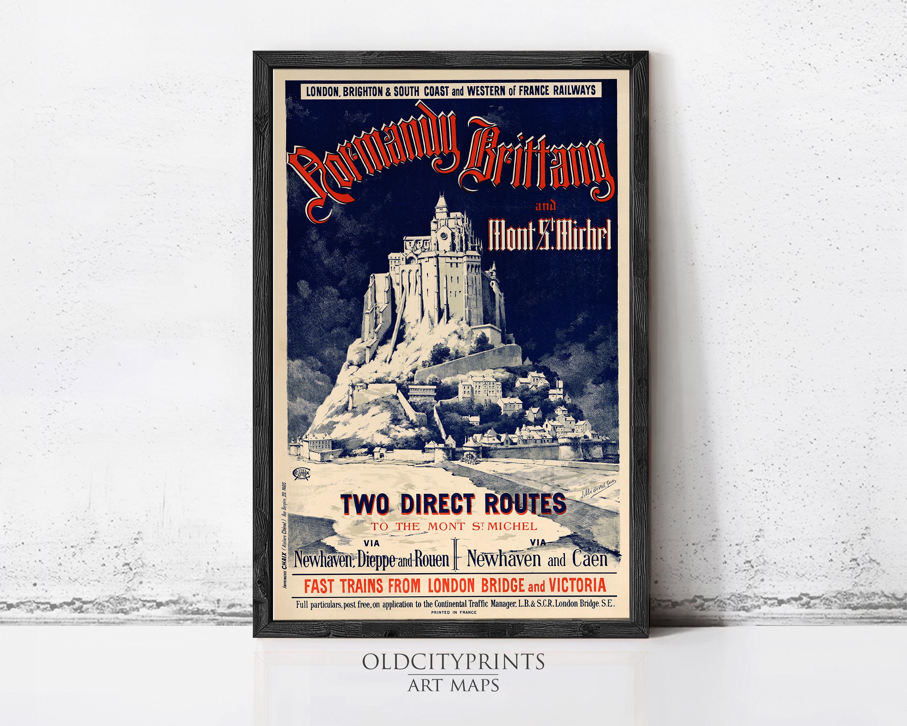 The image is a framed vintage poster advertising a train service to the Mont Saint-Michel, featuring an illustration of a castle on a hill.