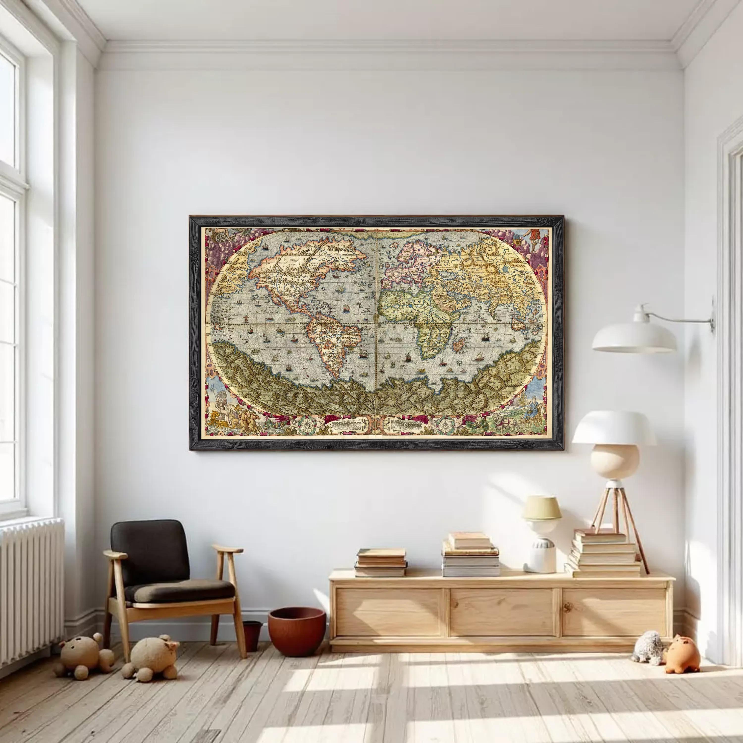 The image is a framed vintage map of the world, depicting the continents and oceans in a detailed and colorful manner.