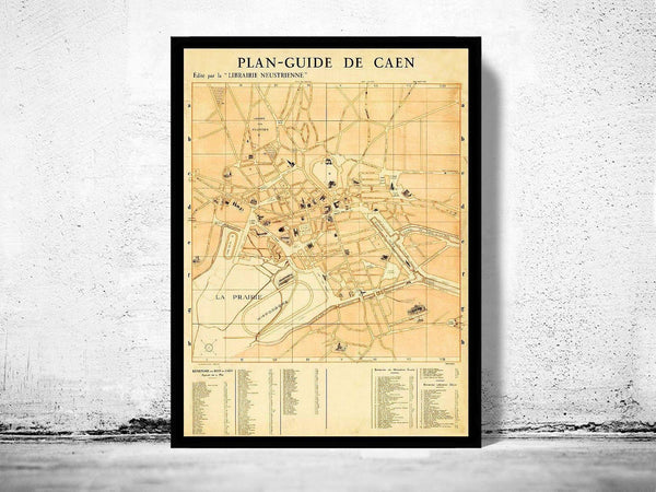 Old Map of Caen France 1930 Vintage map | Vintage Map Wall Art Print