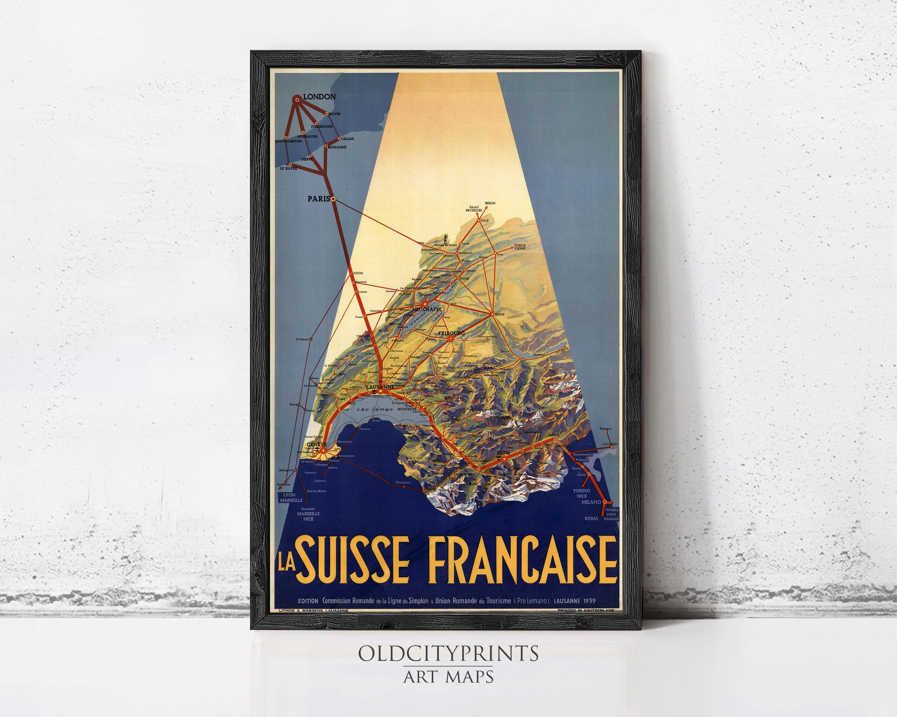 A framed vintage travel poster depicting a map of France, with the text "LA SUISSE FRANCAISE" prominently displayed.