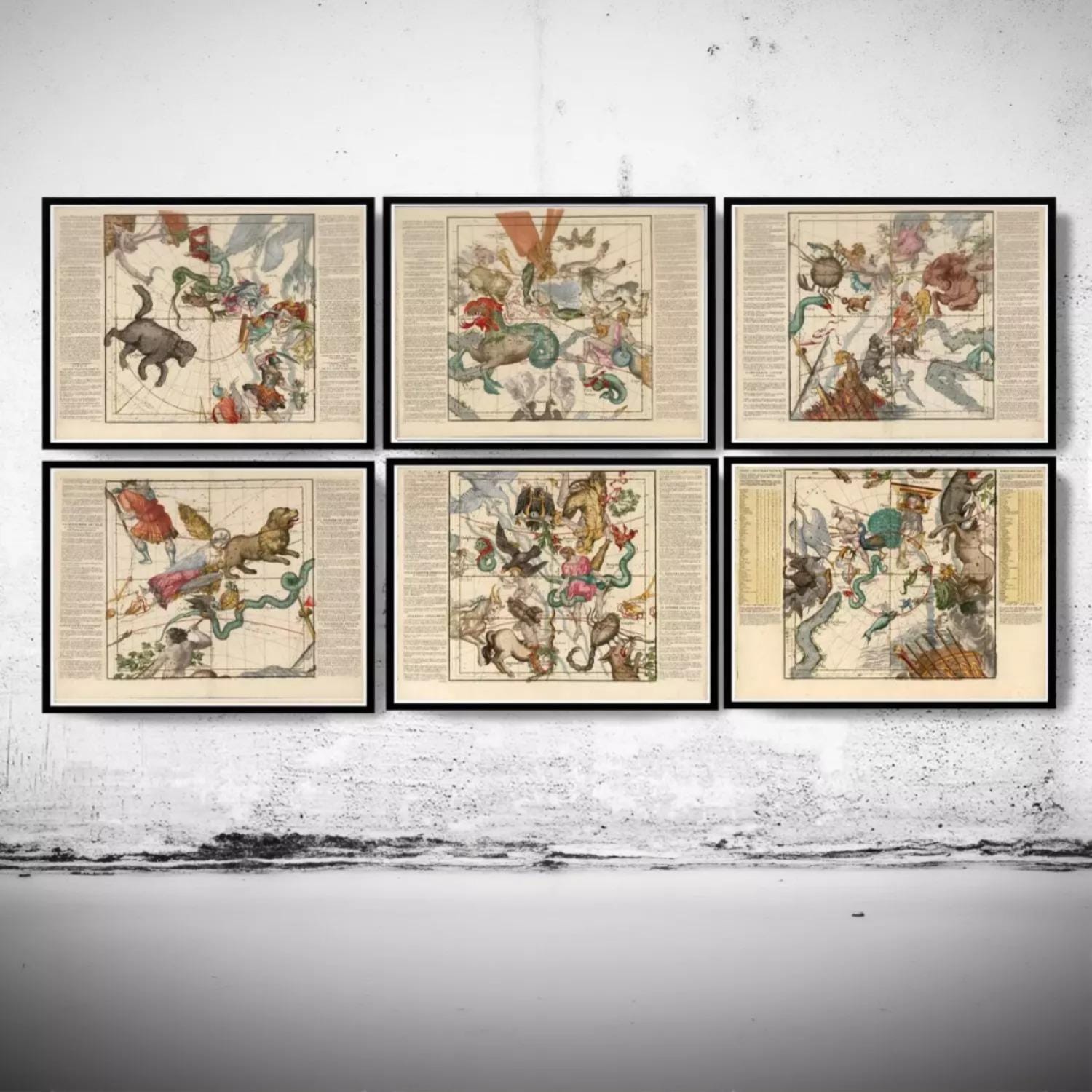 six framed artworks, each depicting a different celestial scene or map. The artworks are arranged in a grid-like pattern on a white wall, showcasing a variety of celestial themes and imagery.