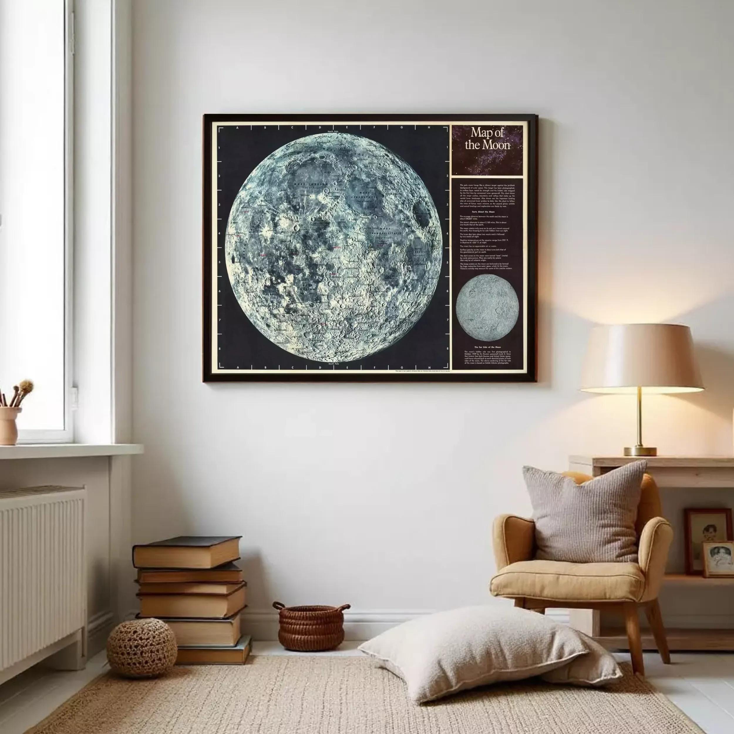 The image is a framed poster depicting a detailed map of the moon, with a caption that reads "Map of the Moon".