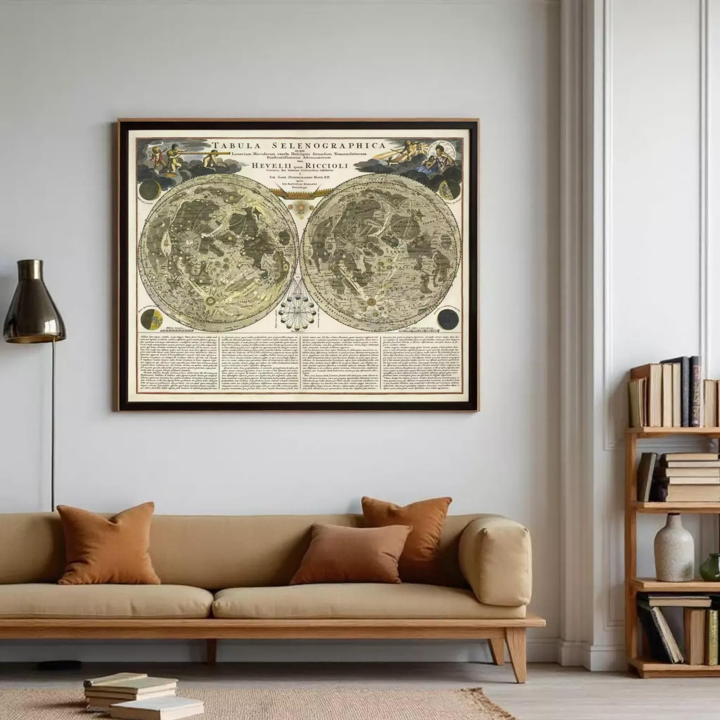 a large framed map of the night sky hanging on a wall in a living room.