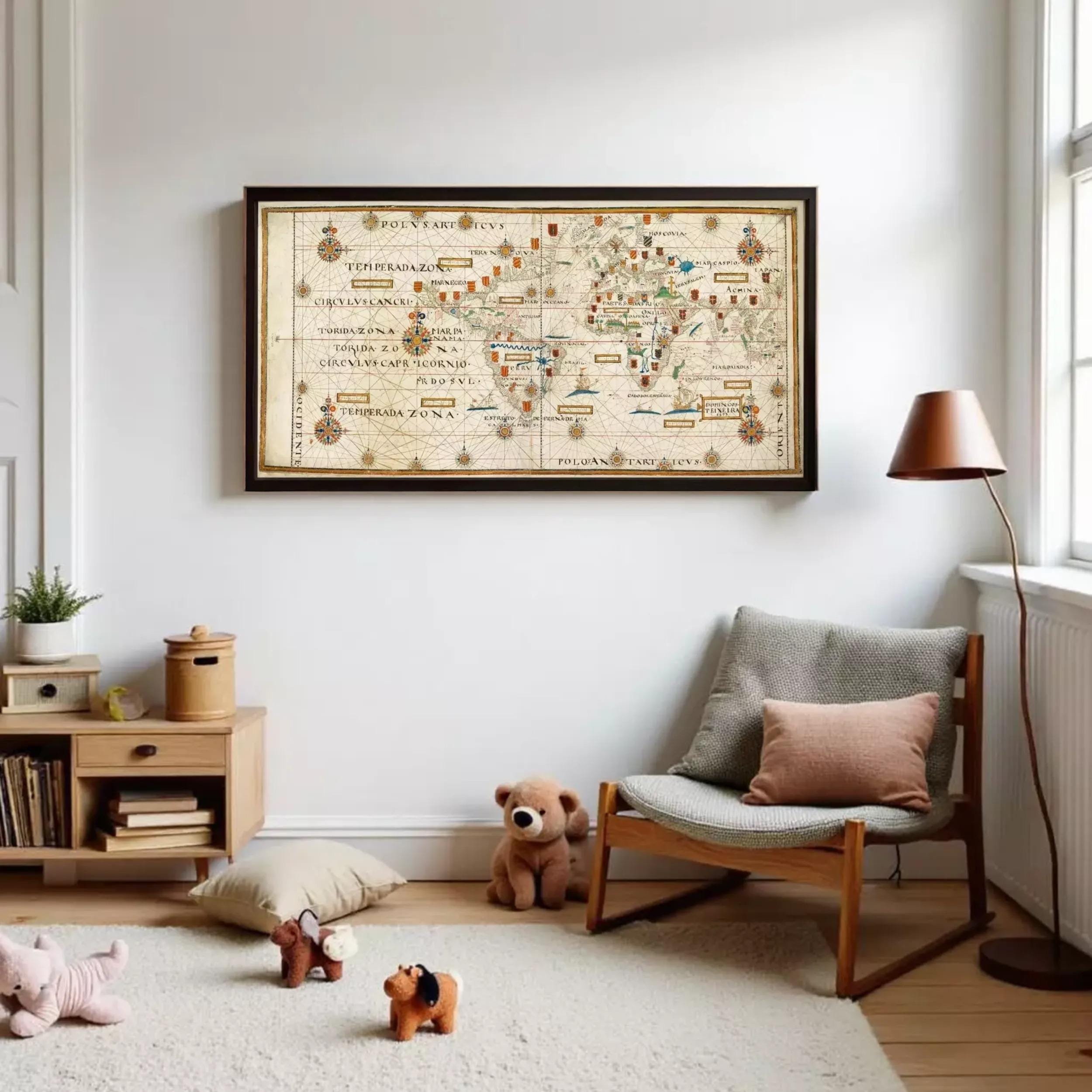 a cozy living room with a large world map hanging on the wall, a wooden chair, a teddy bear, and a lamp.