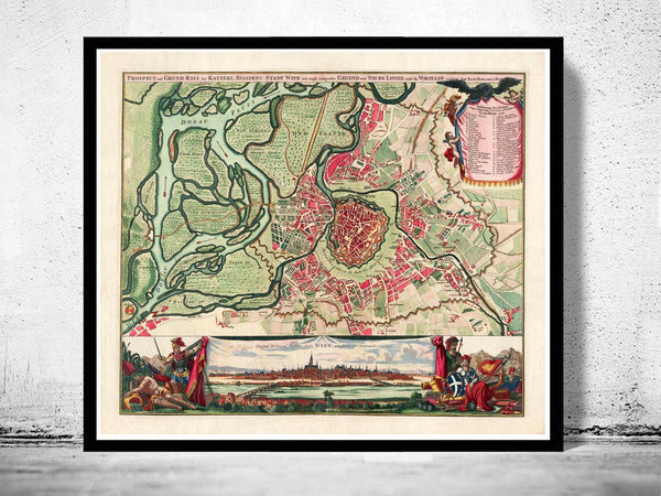 Old Map of Vienna Wien Austria 1712  | Vintage Map Wall Art Print