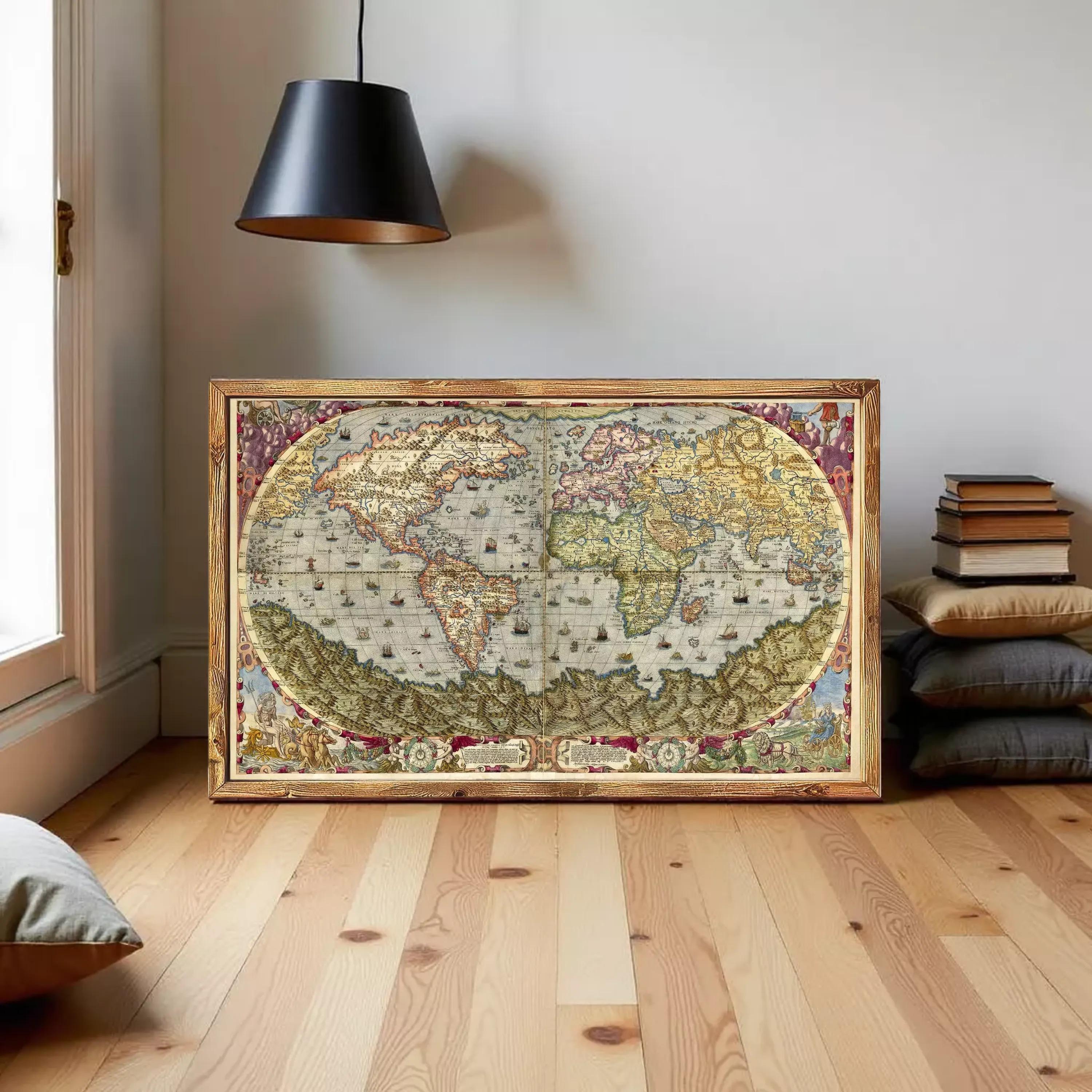 The image is a framed vintage map of the world, depicting a detailed and colorful representation of the continents and oceans.