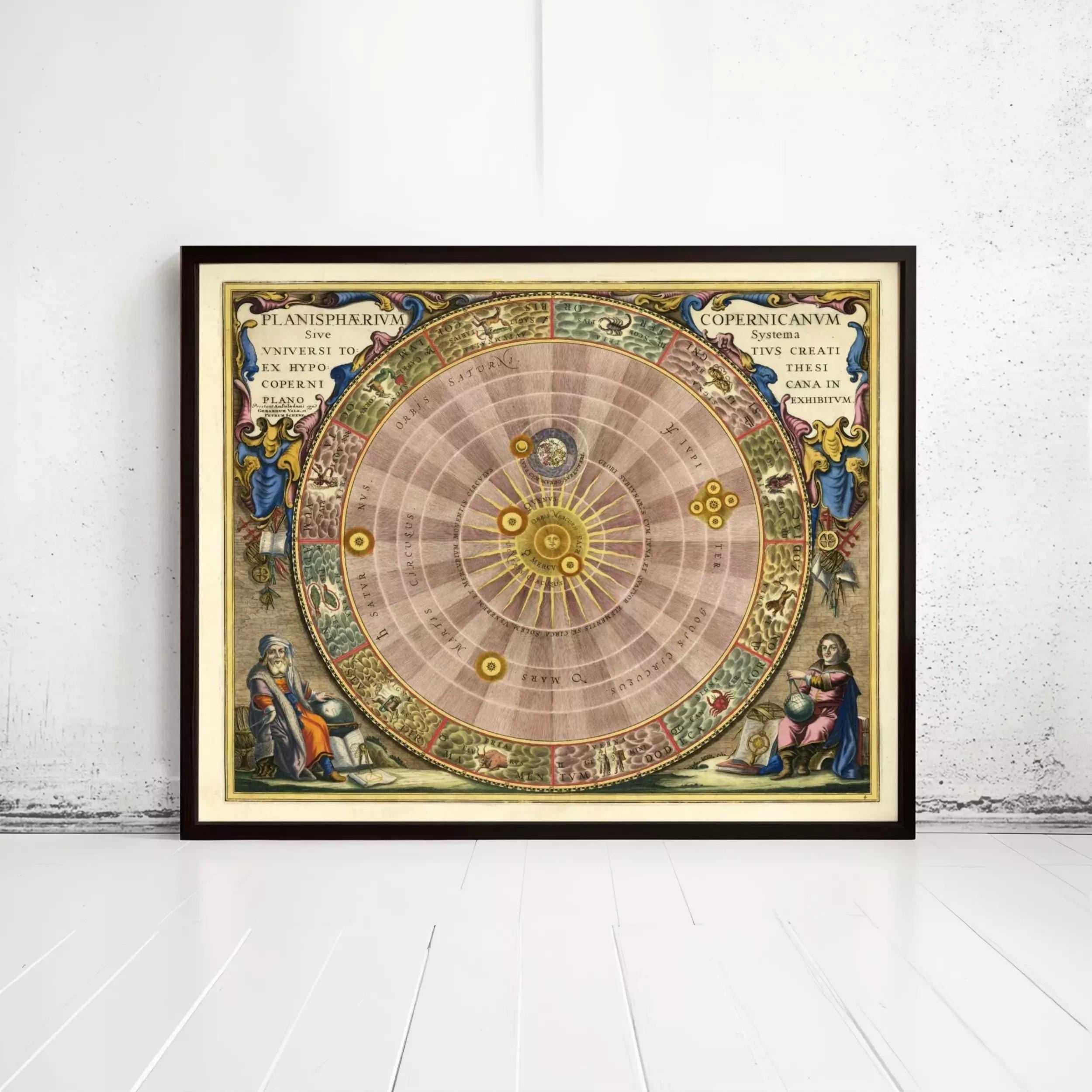 The image is a framed vintage-style illustration depicting a detailed astrological chart or calendar with various symbols and figures surrounding it.