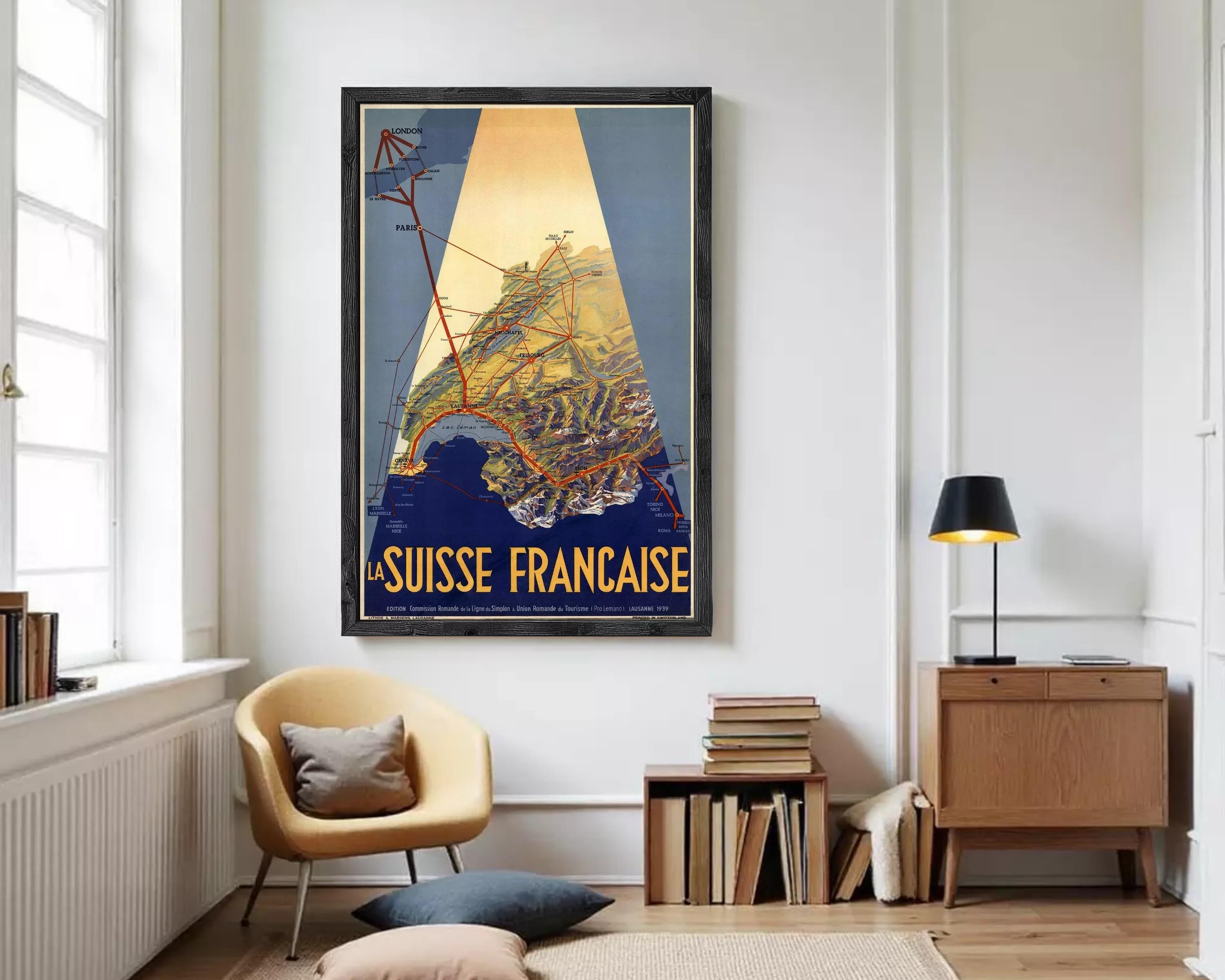 A vintage travel poster for the La Suisse Francaise, featuring a map of France and various locations marked with lines connecting them.