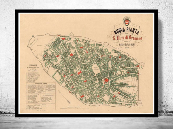 Old Map of Cremona 1880 Antique Vintage Italy  | Vintage Map Wall Art Print