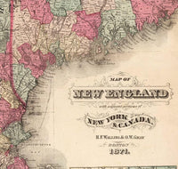 Old Map of New England State 1871 Vintage Map | Vintage Map Wall Art Print