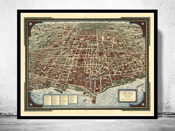 Old Map of Chicago 1938 Birdseye View Vintage Map | Vintage Map Wall Art Print