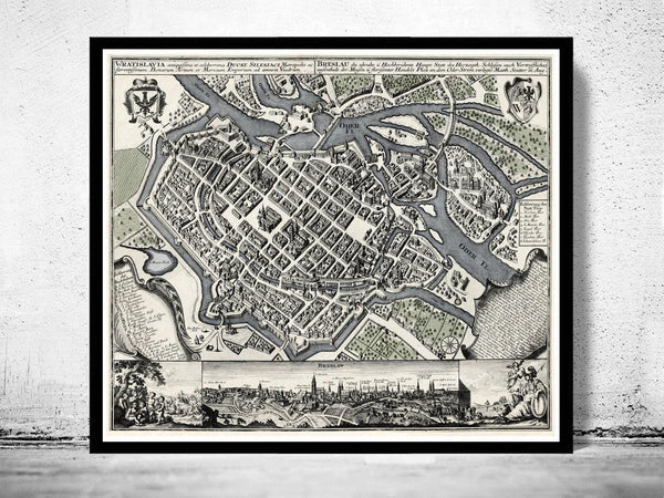 Old Map of Wroclaw with gravures Poland 1735 Vintage map Breslau  | Vintage Map Wall Art Print